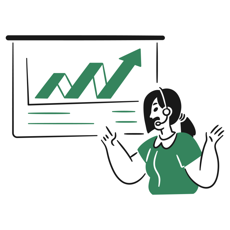 An illustration of a woman presenting and a screen behind her showing upward growth