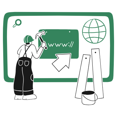 Graphic of work man constructing a website with hammers and nails