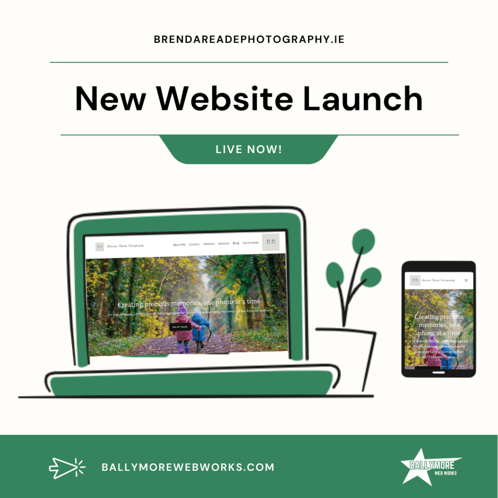 Illustration promoting the launch of Brenda Reade Photography's new website, featuring a laptop and mobile device displaying the site content, with the text 'New Website Launch - Live Now!'